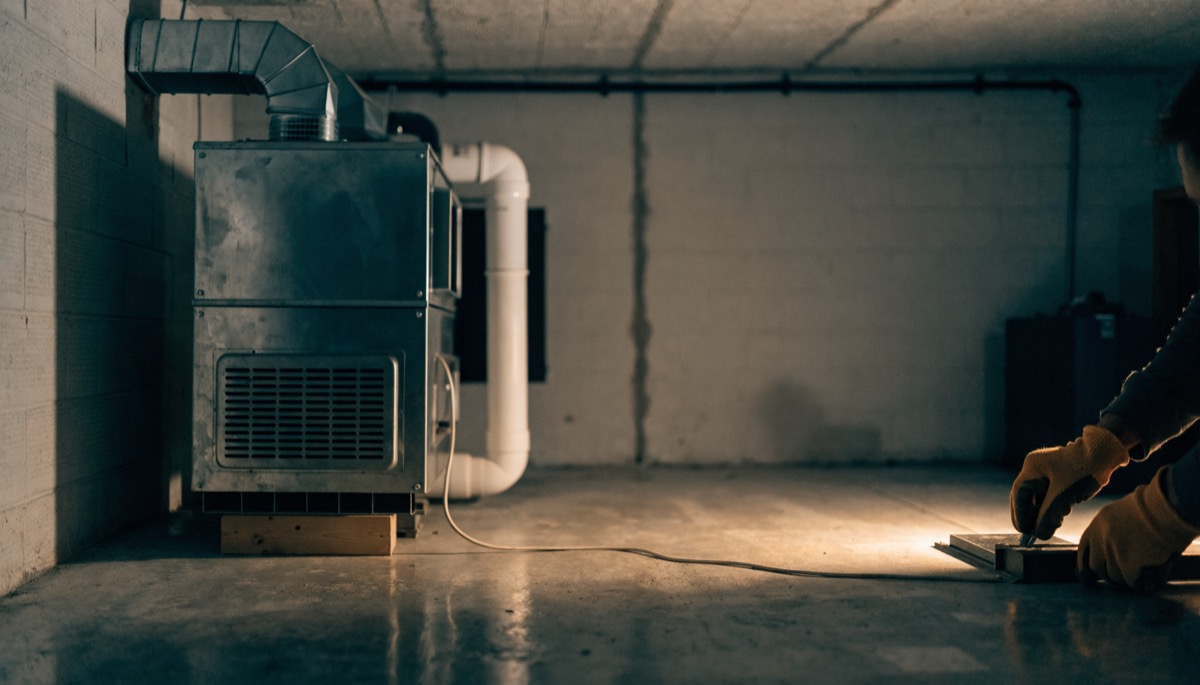 A technician servicing a residential furnace