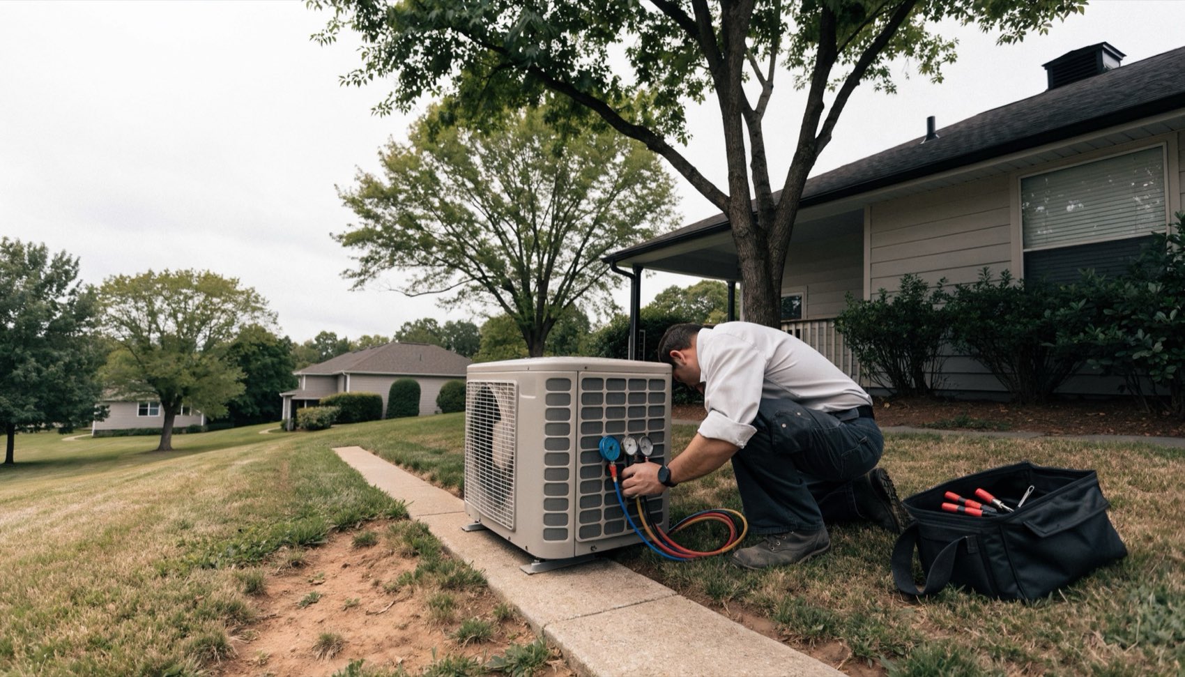 An HVAC technician servicing an outdoor condenser unit